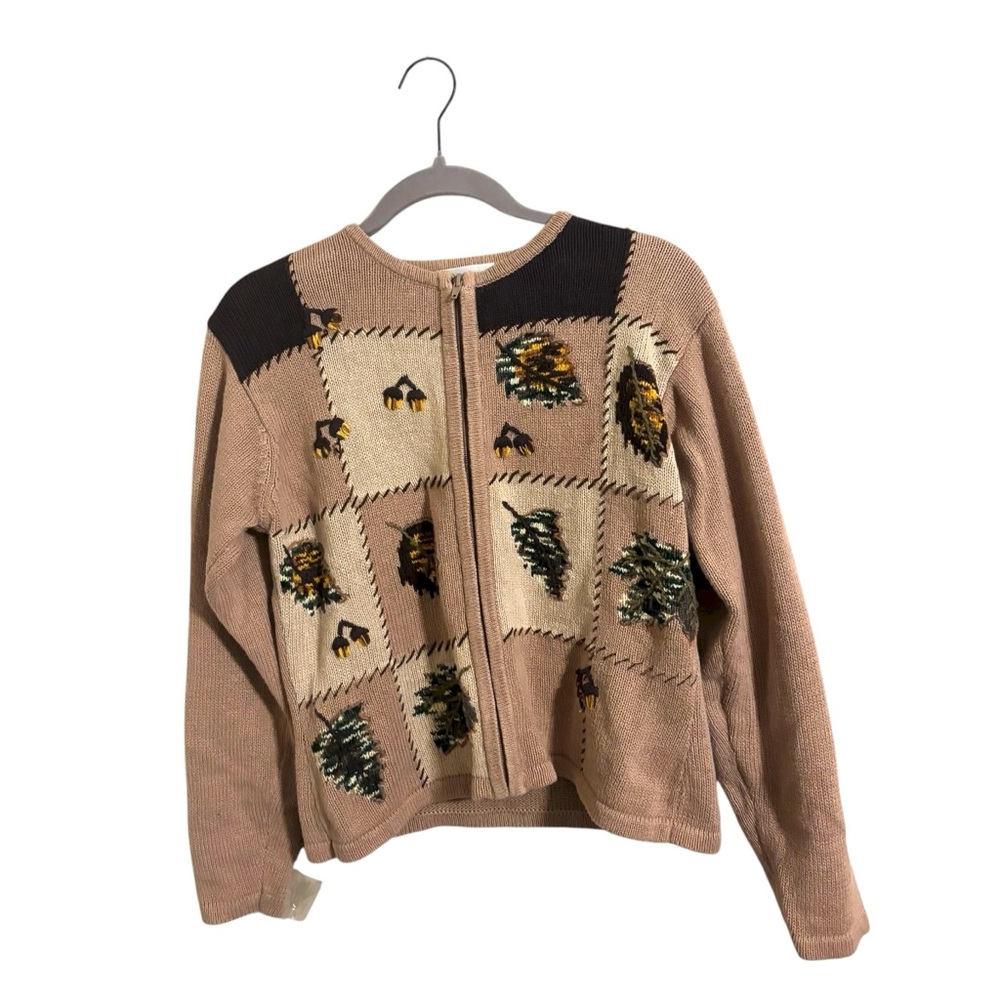 Vintage Dress Barn Autumn Leaves Tan‎ Zip Up Sweater Medium Petite